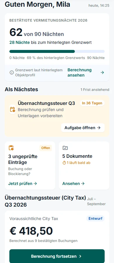 Große VermietNavi Übersicht mit Nächten, Aufgaben, Dokumenten und City-Tax-Entwurf